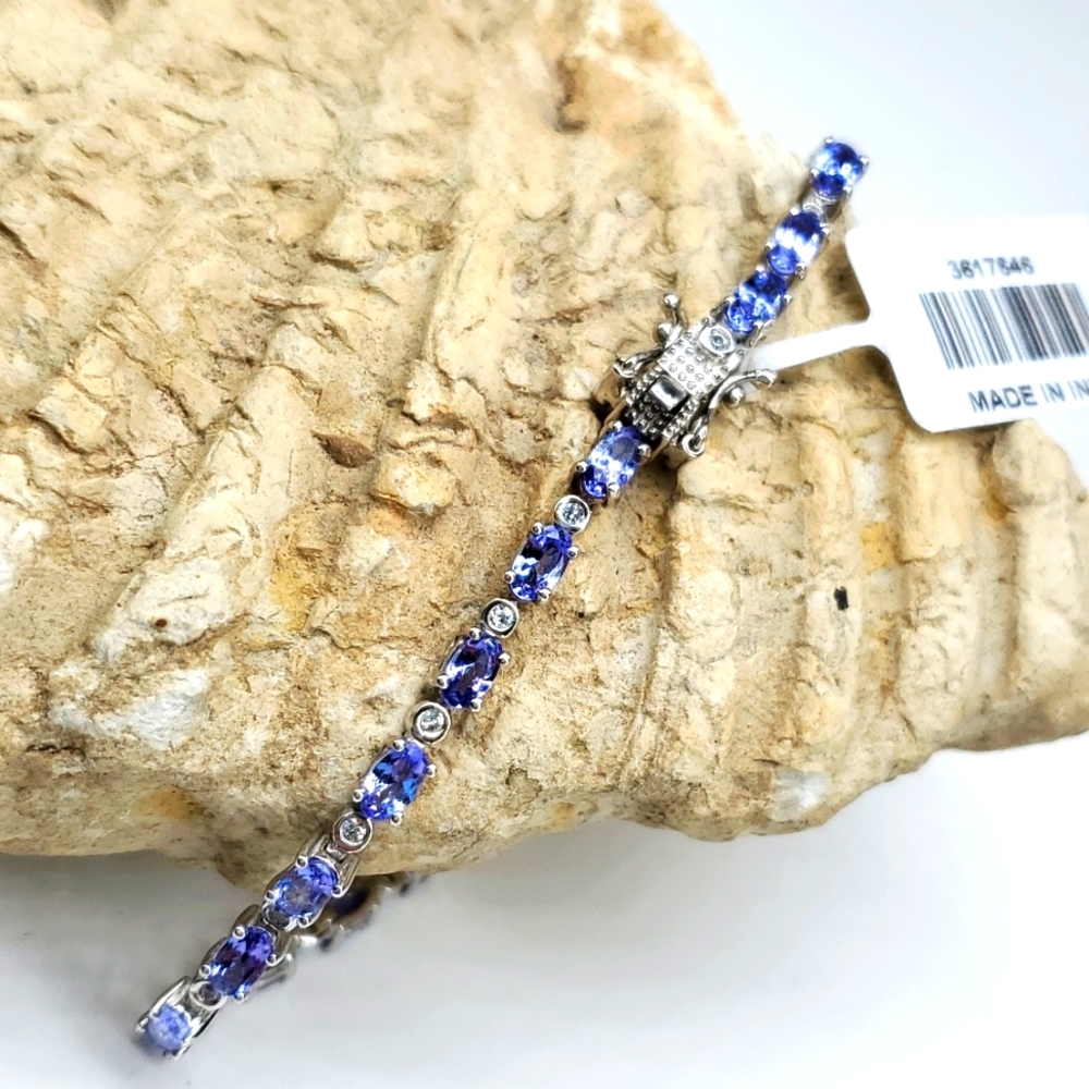 Tanzanite And Zircon Tennis Bracelet Sterling Silver Platinum 8in NWT
